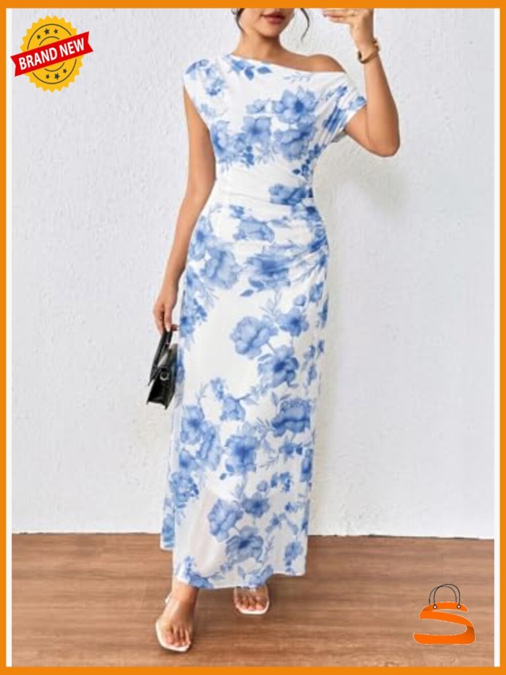 Elegant Off Shoulder Floral Maxi Dress Ruched Bodycon Wedding Guest Gown - Picture 2 of 7